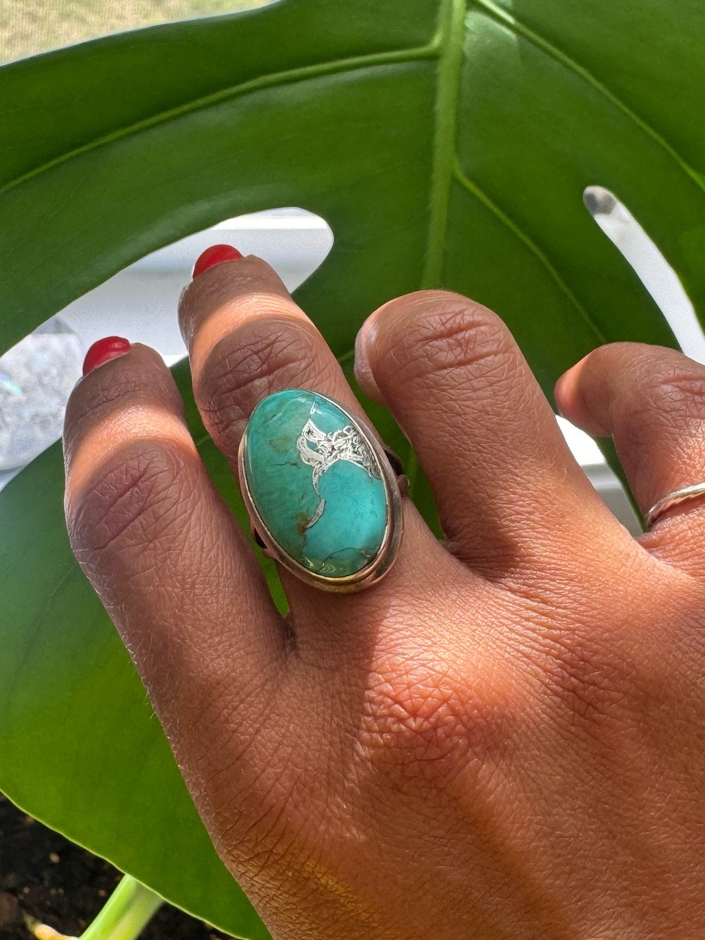 Vintage silver filled natural turquoise statement ring.
Size 5-